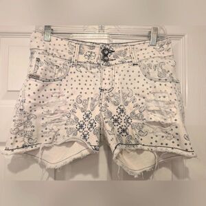 KLKJeans White Distressed Paisley Women Cutoff Ripped Shorts High Rise Boho Sz 6
